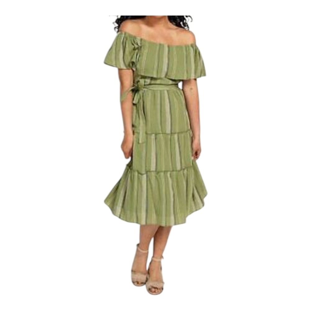 Isaac Mizrahi Live Womens Green Cotton Midi‎ Dress 10 Off Shoulder Tiered Boho